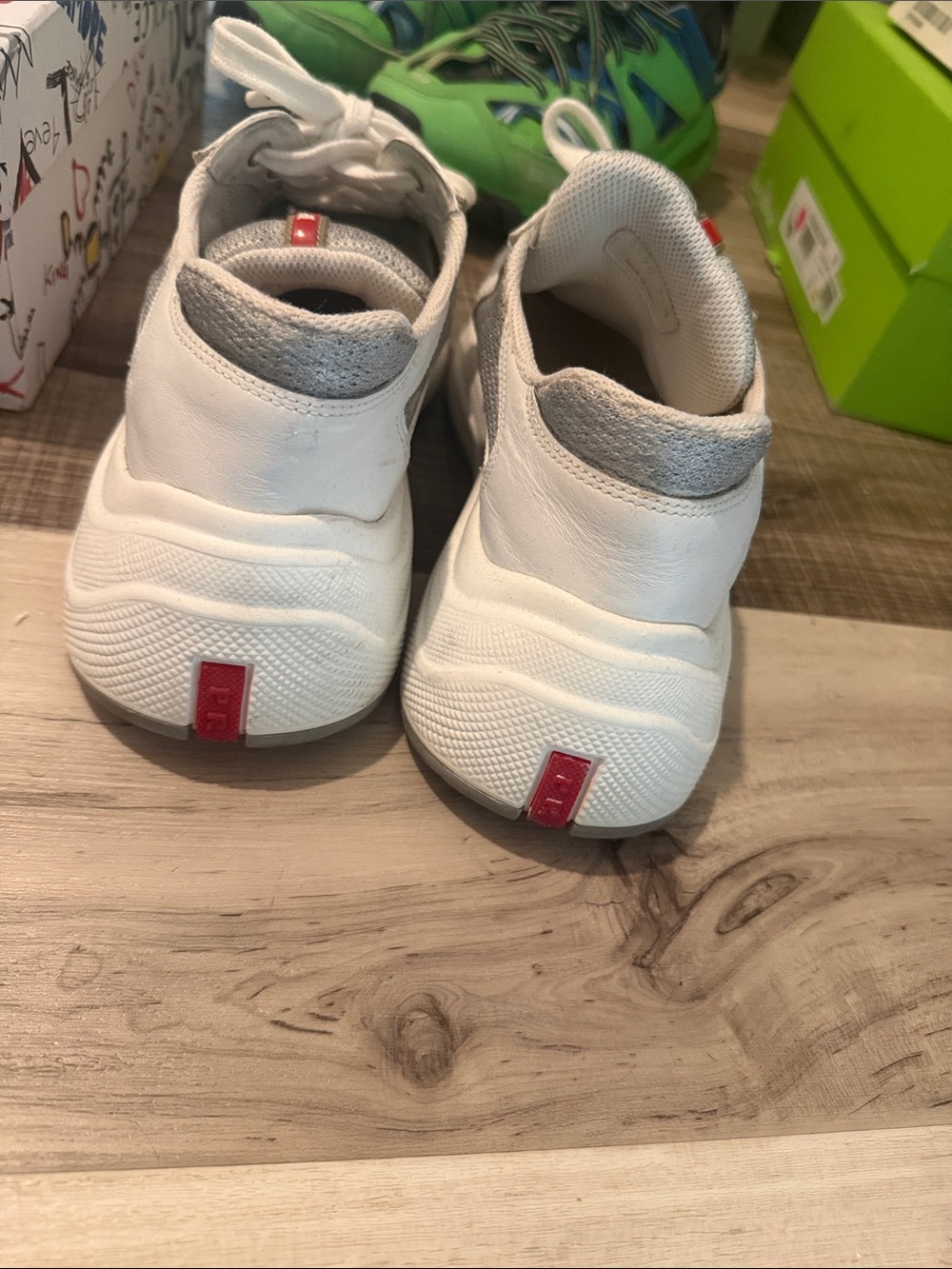 Authentic Prada White & Gray Mesh Leather Sneakers with Red Tongue Logo - Picture 3 of 5